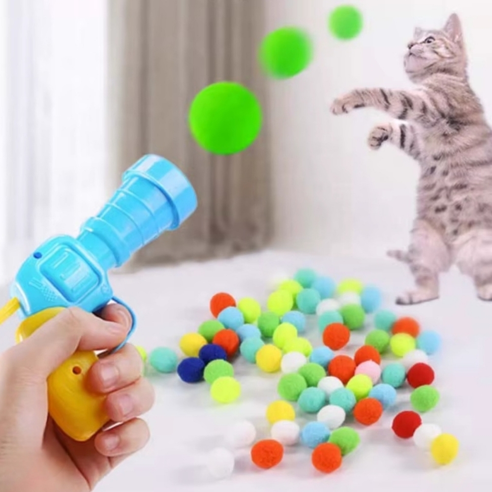 Interactive Silent Cat Ball Plush Pompom‎ Launcher Kitten Toy for Indoor Cats